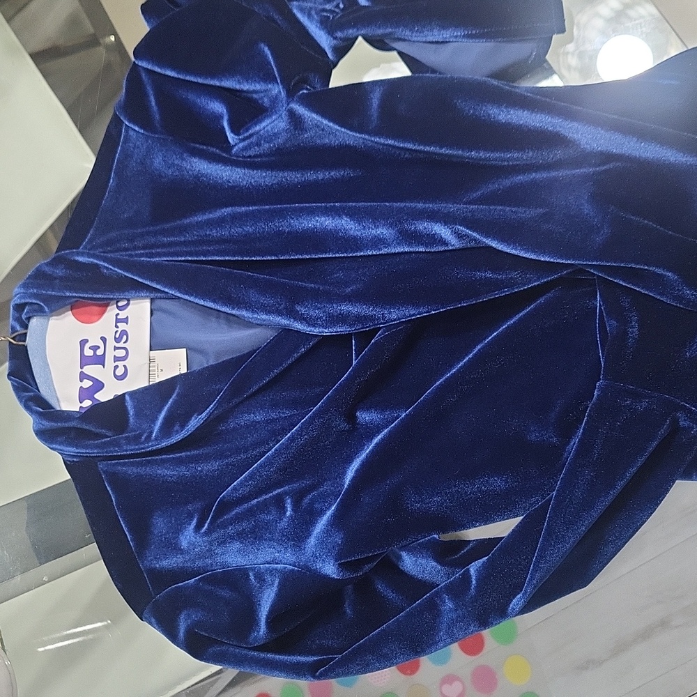 Blue velvet, frilly fitted tie waist dress